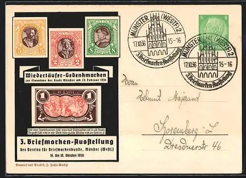 AK Münster / W., 3. Briefmarken-Ausstellung d. Vereins f. Briefmarkenkunde 1936, Wiedertäufer-Gedenkmarken, Ganzsache