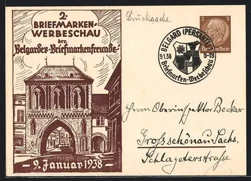 AK Belgard, 2. Briefmarken-Werbeschau der Belgarder Briefmarkenfreunde 1938, Stadttor, Ganzsache PP122 C72