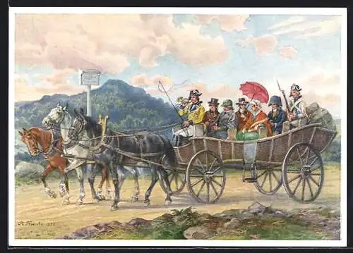 Künstler-AK Leipzig, Werbeschau der DSG 1938, Fahrt zur Leipziger Messe um 1800, Ganzsache