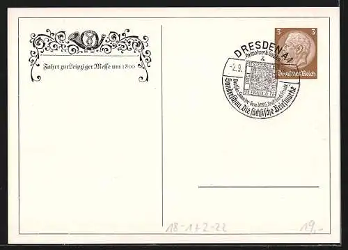 Künstler-AK Leipzig, Werbeschau der DSG 1938, Fahrt zur Leipziger Messe um 1800, Ganzsache