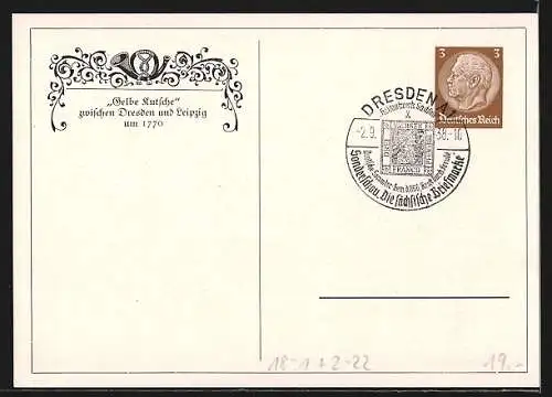 Künstler-AK Postkutsche Gelbe Kutsche zwischen Dresden und Leipzig um 1770, Ganzsache