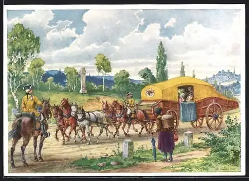 Künstler-AK Postkutsche Gelbe Kutsche zwischen Dresden und Leipzig um 1770, Ganzsache