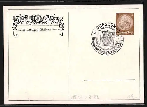 Künstler-AK Leipzig, Werbeschau der DSG 1938, Fahrt zur Leipziger Messe um 1800, Ganzsache