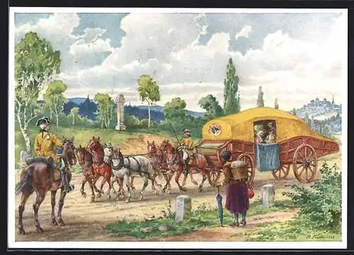 Künstler-AK Postkutsche Gelbe Kutsche zwischen Dresden und Leipzig um 1770, Ganzsache
