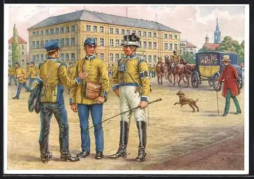 Künstler-AK Dresden, Sächs. Briefträger und Postillione vor dem Hofpostamt Mitte des 19. Jahrhunderts, Ganzsache