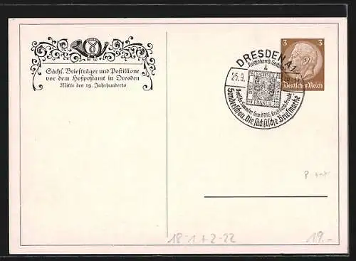 Künstler-AK Dresden, Sächs. Briefträger und Postillione vor dem Hofpostamt Mitte des 19. Jahrhunderts, Ganzsache
