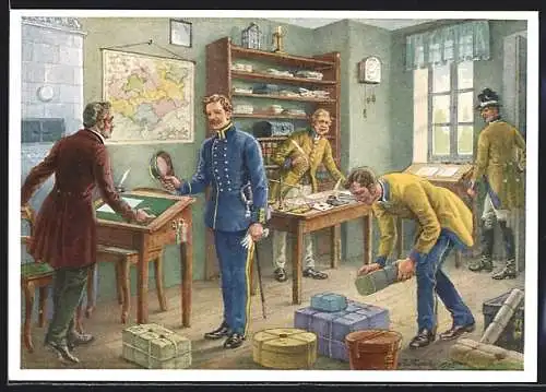 Künstler-AK Poststube mit Postbeamten 1852, Ganzsache