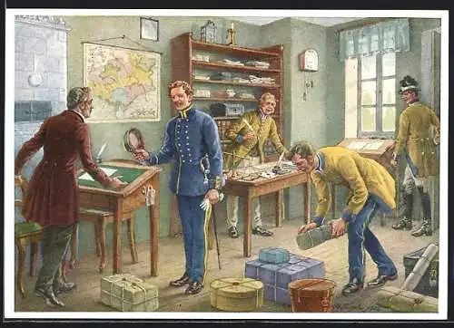 Künstler-AK Poststube mit Postbeamten 1852, Ganzsache