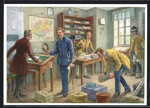 Künstler-AK Poststube mit Postbeamten 1852, Ganzsache