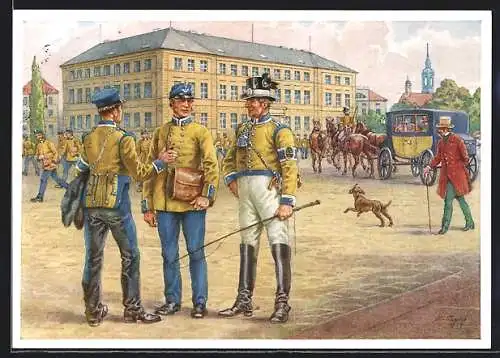 Künstler-AK Dresden, Sächs. Briefträger und Postillione vor dem Hofpostamt in der Mitte des 19. Jahrunderts, Ganzsache