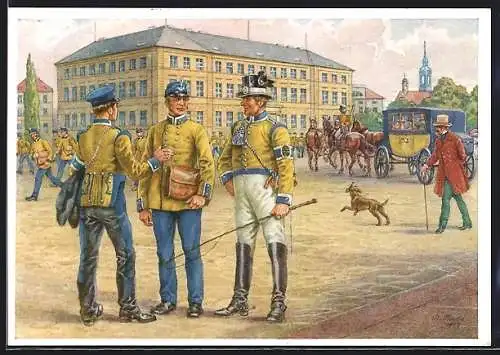Künstler-AK Dresden, Sächs. Briefträger und Postillione vor dem Hofpostamt, Mitte des 19. Jahrhunderts, Ganzsache