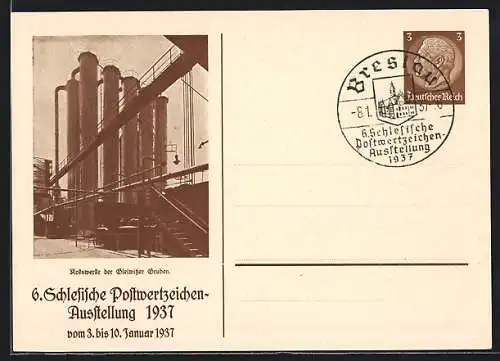 AK Breslau, 6. Schlesische Postwertzeichen-Ausstellung 1937, Ganzsache, Kokswerke der Gleiwitzer Gruben