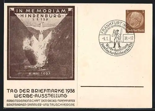 AK Tag der Briefmarke 1938, In Memoriam Hindenburg, Zeppelin-Katastrophe LZ 129 1937, Ganzsache