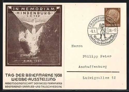 AK Tag der Briefmarke 1938, In Memoriam Hindenburg, Zeppelin-Katastrophe LZ 129 1937, Ganzsache