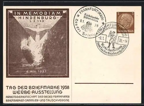 AK Tag der Briefmarke 1938, In Memorian Hindenburg LZ 129 Zeppelin 6. Mai 1937, Ganzsache