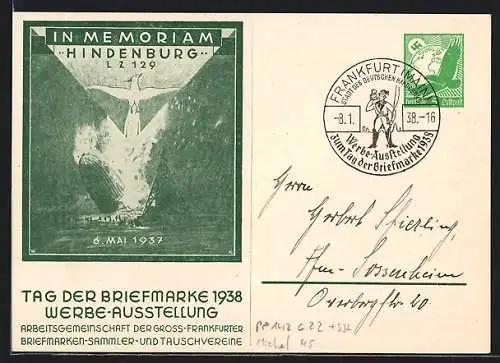 AK Tag der Briefmarke 1938, In Memoriam Hindenburg, Zeppelin-Katastrophe LZ 129 1937, Ganzsache PP 142 C22 + SJ2