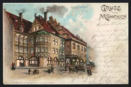 Lithographie München, Gasthof Kgl. Hofbräuhaus, Halt gegen das Licht: beleuchtete Fenster