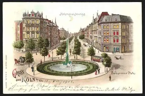 Lithographie Köln, Hohenstaufenring mit Barbarossa-Platz, Halt gegen das Licht: leuchtende Fontäne