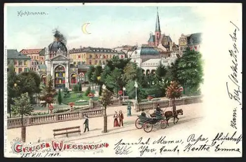 Lithographie Wiesbaden, Kochbrunnen und Pferdewagen, Halt gegen das Licht: beleuchtete Fenster