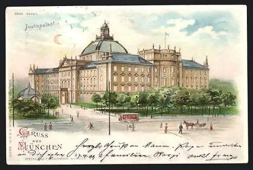 Lithographie München, Strassenbahn am Justizpalast, Halt gegen das Licht: Mondschein und Fensterbeleuchtung