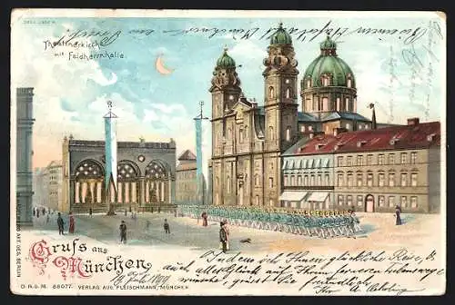Lithographie München, Theatinerkirche mit Feldherrnhalle, Halt gegen das Licht: beleuchtete Fenster