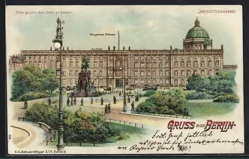 Lithographie Berlin, Königliches Schloss, Halt gegen das Licht: beleuchtete Fenster