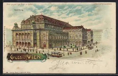 Lithographie Wien, Strassenbahn am Opernhaus, Halt gegen das Licht: Mondschein und Fensterbeleuchtung