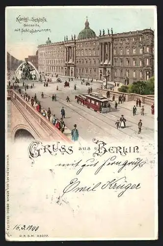 Lithographie Berlin, Königl. Schloss mit Schlossbrunnen, Pferdebahn, Halt gegen das Licht: beleuchtete Fenster
