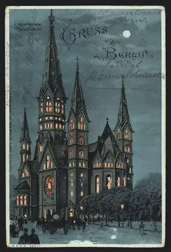 Lithographie Berlin-Charlottenburg, Kaiser Wilhelm Gedächtniskiche, Halt gegen das Licht: beleuchtete Fenster