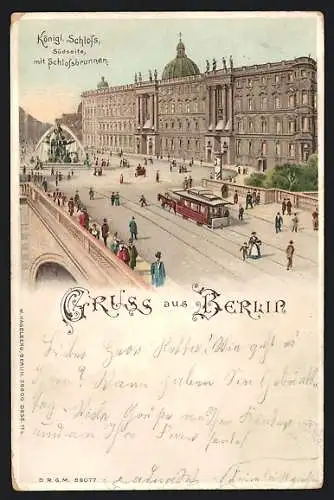 Lithographie Berlin, Königl. Schloss mit Schlossbrunnen, Halt gegen das Licht: beleuchtete Fenster
