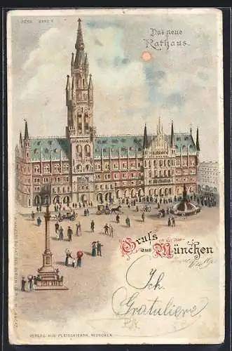 Lithographie München, Neues Rathaus, Halt gegen das Licht: beleuchtete Fenster
