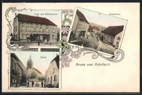 AK Rohrbach, Tuch- und Kleiderwarengeschäft, Hauptstrasse und Kirche