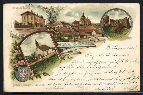 Lithographie Trebic, Starc, Kostelík v Krahulove, Nádrazi s. z. dráhy ve Starci