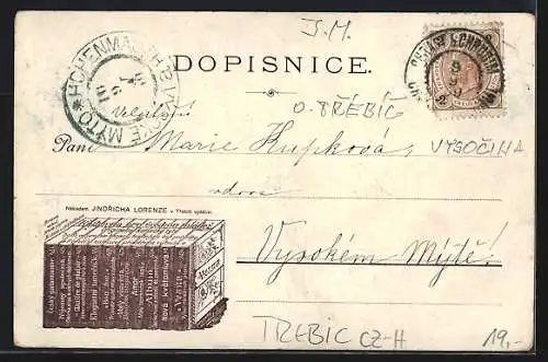 Lithographie Trebic, Starc, Kostelík v Krahulove, Nádrazi s. z. dráhy ve Starci