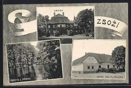 AK Zbozí, Obchod Edv. Flasnera, Partie z Parku, Zámek