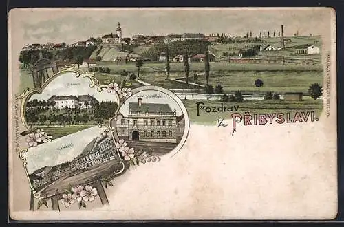 Lithographie Pribyslav, Hotel Kulsacek, Zámek, Námestí