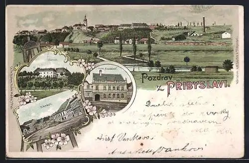 Lithographie Pribyslavi, Zámek, Námesti, Hotel Klusádek, Ortsansicht