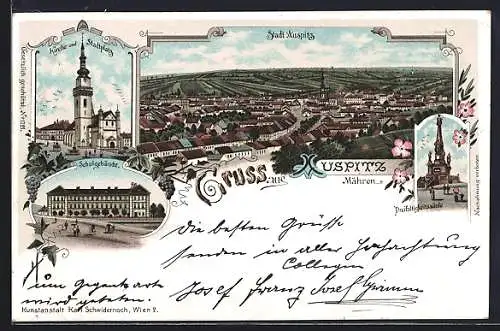 Lithographie Auspitz /Mähren, Schulgebäude, Dreifaltigkeitssäule, Kirche und Stadtplatz