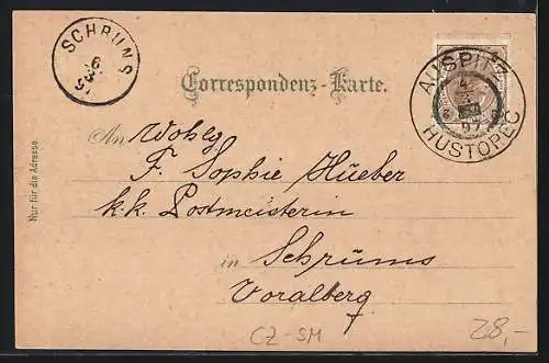 Lithographie Auspitz /Mähren, Schulgebäude, Dreifaltigkeitssäule, Kirche und Stadtplatz