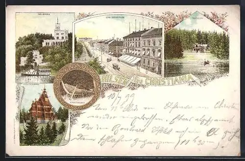 Lithographie Christiania, Carl Johans Gade, Oscarshall, Gols Stavkirke