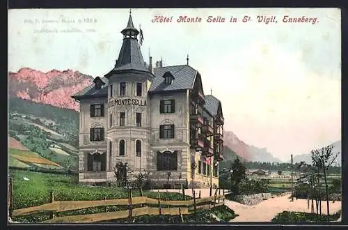 AK St. Vigil in Enneberg, Hotel Monte Sella im Abendlicht