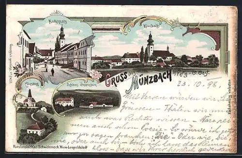 Lithographie Münzbach b. Perg, Marktplatz, Schloss Innernstein, Altenburg