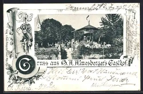 AK Aigen /O.-Oe., Gasthof H. A. Almesberger mit Gästen