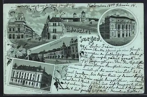 Mondschein-Lithographie Szeged, Hid-utcza, M. kir. Posta, Varosi szinhaz