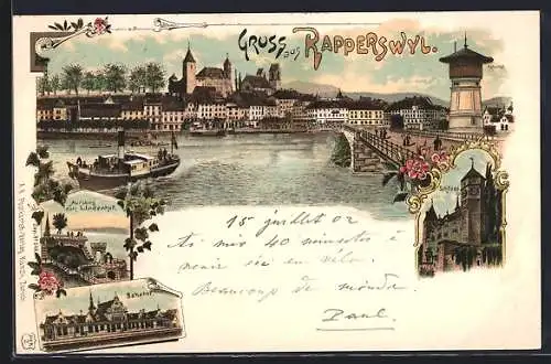 Lithographie Rapperswyl, Bahnhof, Schloss, Aufstieg zum Lindenhof