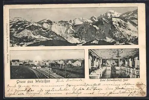 AK Wetzikon /ZH, Hotel Schweizerhof, Saal, Eisenbahn, Bergpanorama