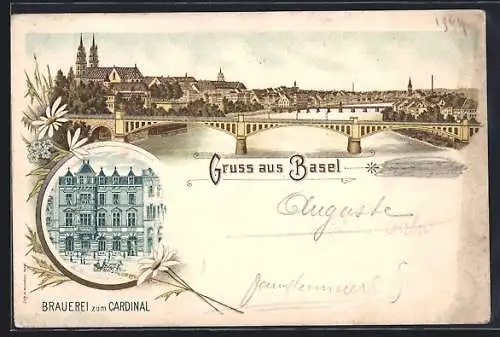 Lithographie Basel, Hotel Schweizerhof von E. Goetzinger, Teilansicht der Ortschaft mit Brücke