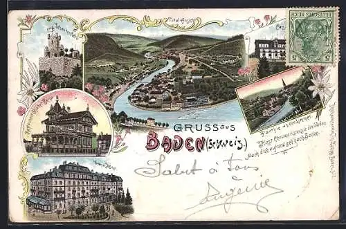 Lithographie Baden, Totalansicht, Casino, Grand-Hotel