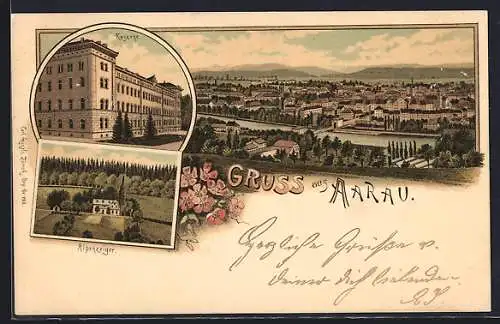Lithographie Aarau, Kaserne, Gasthof Alpenzeiger, Ortsansicht