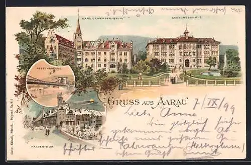 Lithographie Aarau, Kettenbrücke, Kant. Gewerbemuseum
